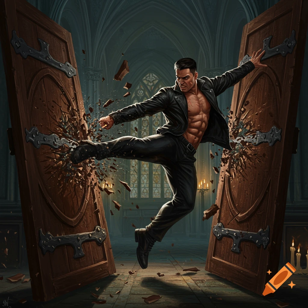 Muscular man in a leather jacket kicking two wooden doors open simultaneously in a gothic hall, shattering them.