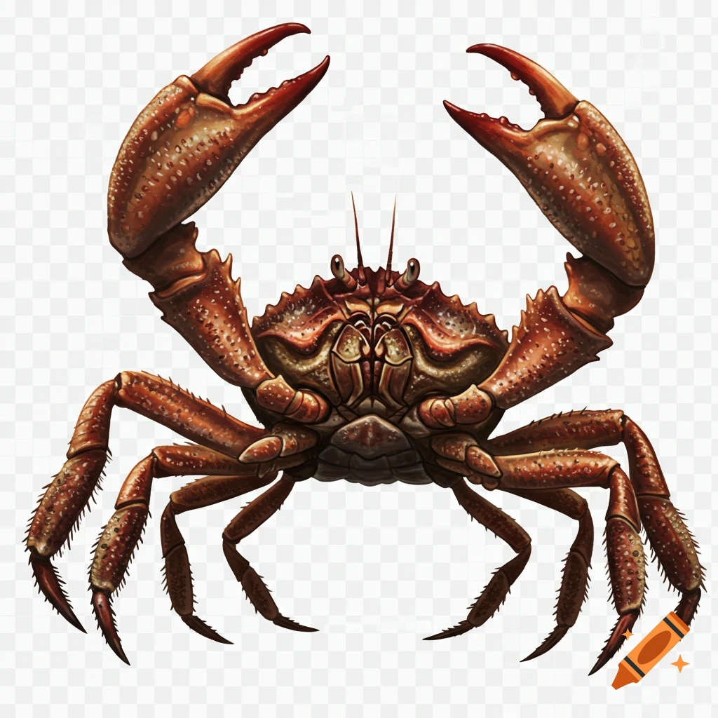 Detailed illustration of a giant reddish-brown crab with raised claws on a transparent background.