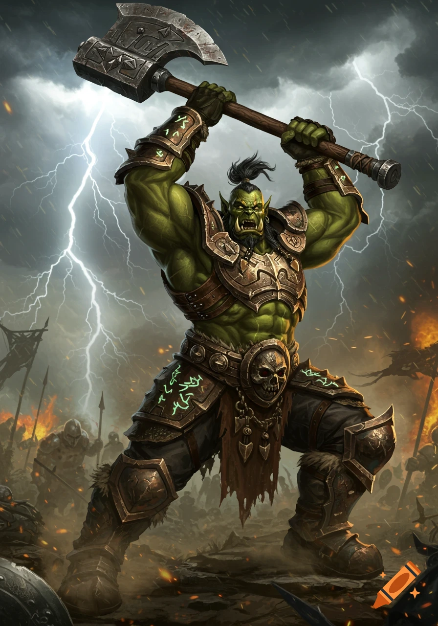 A muscular green orc warrior raises a large two-handed axe, standing in a battlefield under a stormy sky with lightning.