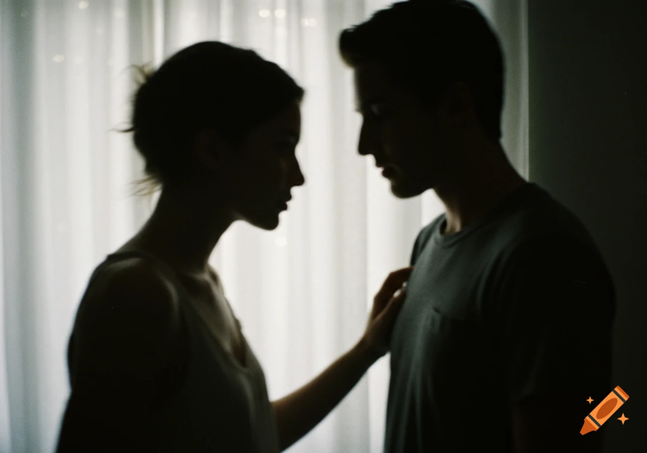A silhouetted couple faces each other, one hand on a chest, against a bright, blurred curtain.