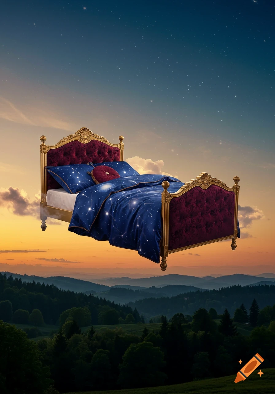 A luxurious bed with starry blue bedding floats above forested mountains at sunset, under a clear, starry sky.