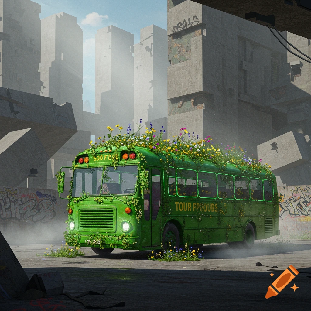 A vibrant green bus covered in diverse wild flowers and vines sits in a crumbling, post-apocalyptic concrete city, with mist on the ground.