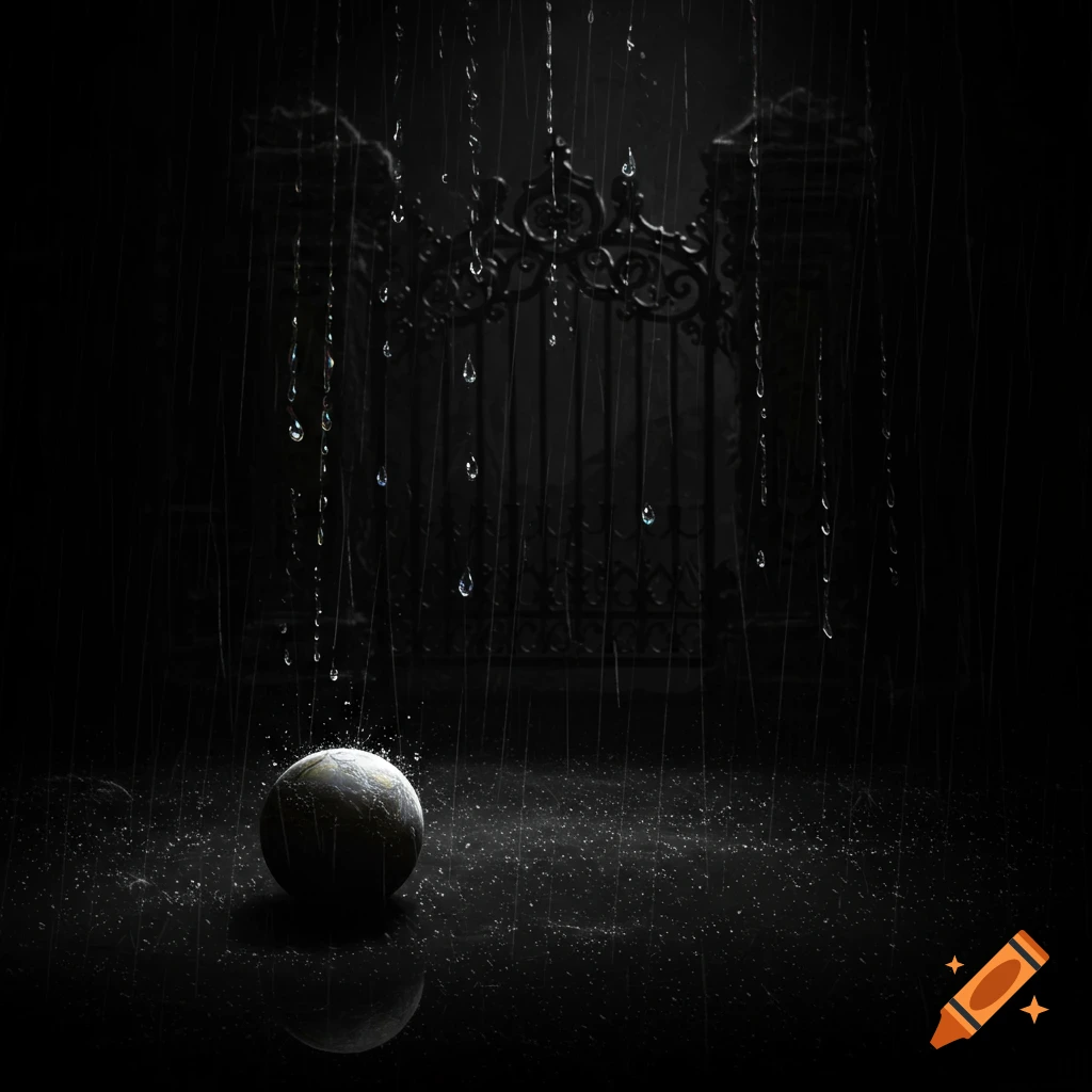 A lone ball sits on a wet, dark ground under heavy rain, with an ornate gate dimly visible in the background.