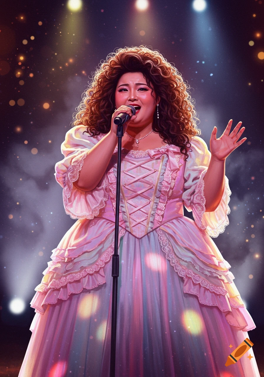 Chubby Chinese woman with curly hair singing on stage in a pink ruffled fairytale dress, illuminated by spotlights.