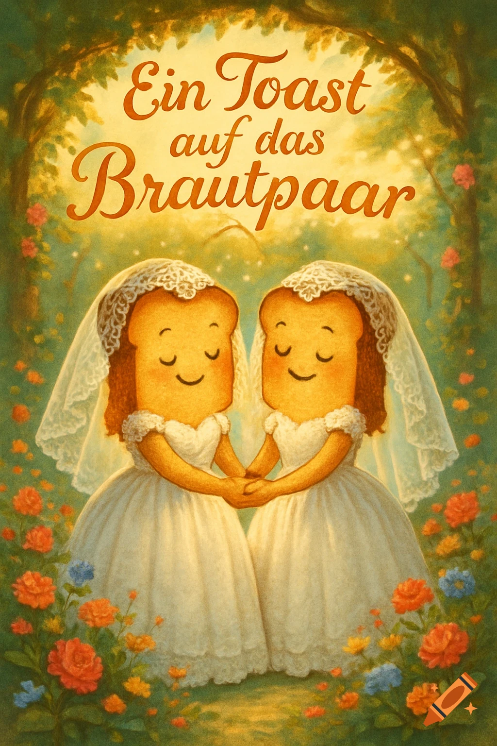 Two whimsical cartoon toast brides in white gowns and veils hold hands in a flowery forest, with 'Ein Toast auf das Brautpaar' text.