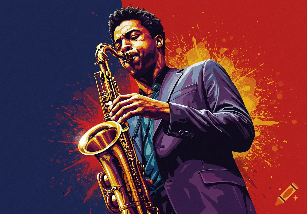Vibrant Pop Art portrait of a Black saxophonist playing, set against a red and blue splatter background.