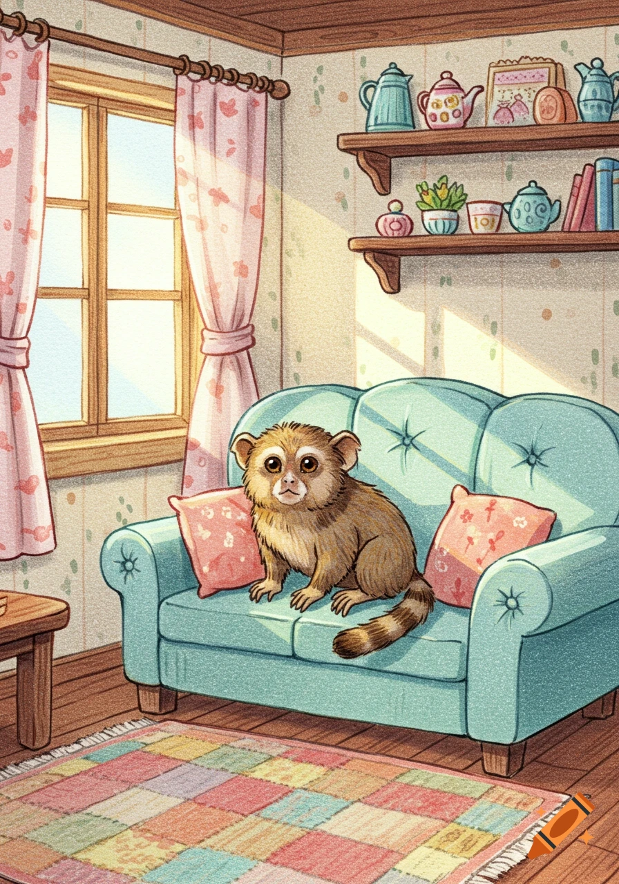 A marmoset sits on a blue sofa in a cozy, sunlit room with shelves, a window, and a colorful rug, colored pencil art.