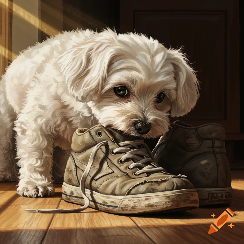 A small white fluffy dog sniffs a dirty brown canvas shoe on a wooden floor, lit by sunlight.