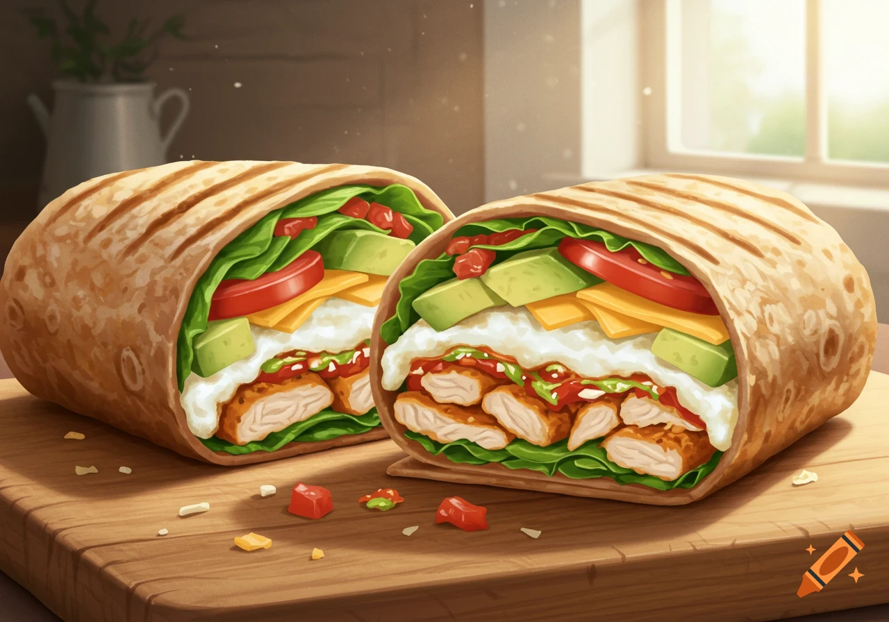 Two stylized breakfast wraps cut in half, filled with chicken, egg whites, lettuce, tomato, avocado, cheese, and salsa on a wooden board.