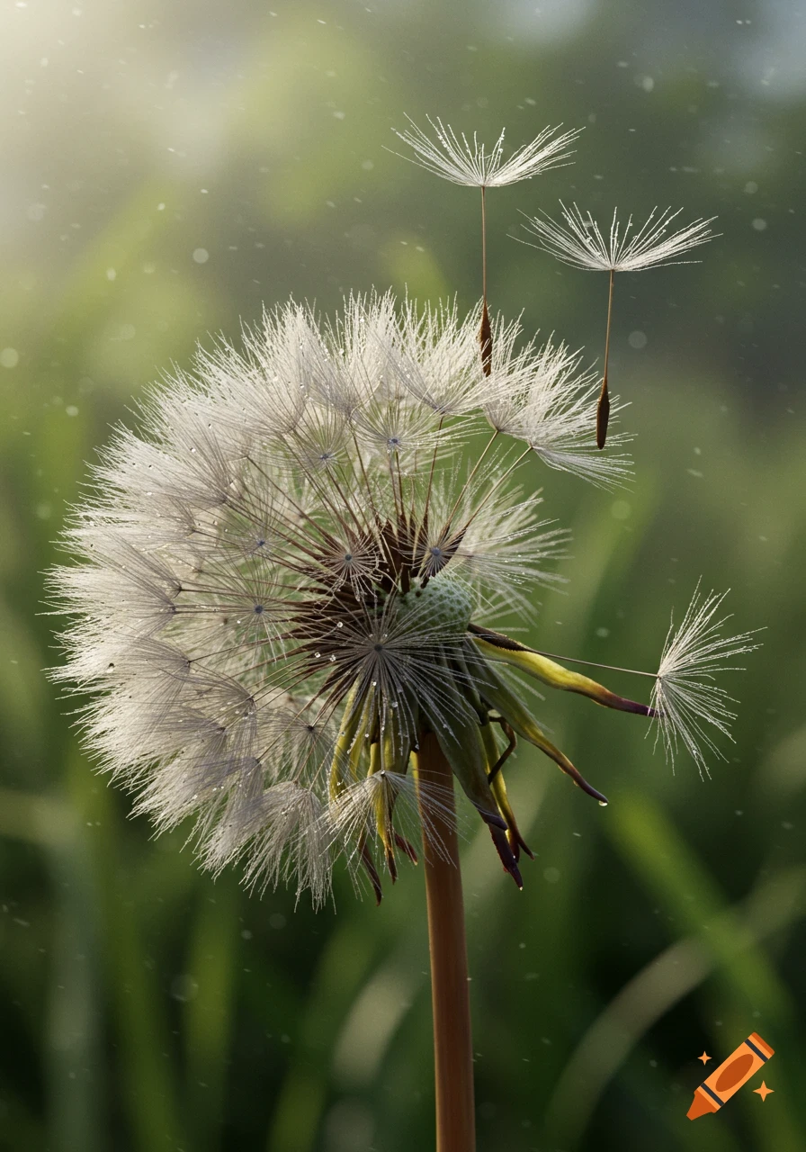 A detailed close-up of a dandelion seed head with water droplets, its delicate seeds floating away against a soft green background.