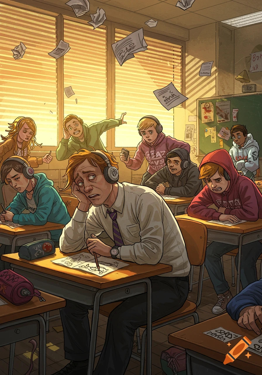 A cartoon illustration of a frustrated male teacher with headphones sitting at his desk in a chaotic classroom with disruptive teenage students throwing papers.