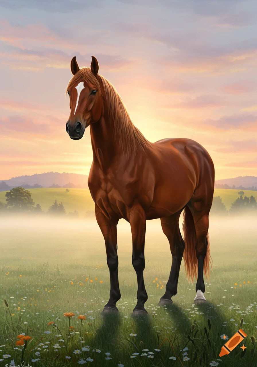 A brown horse with a white blaze stands in a misty, sunlit field filled with wildflowers at sunset, digital painting.