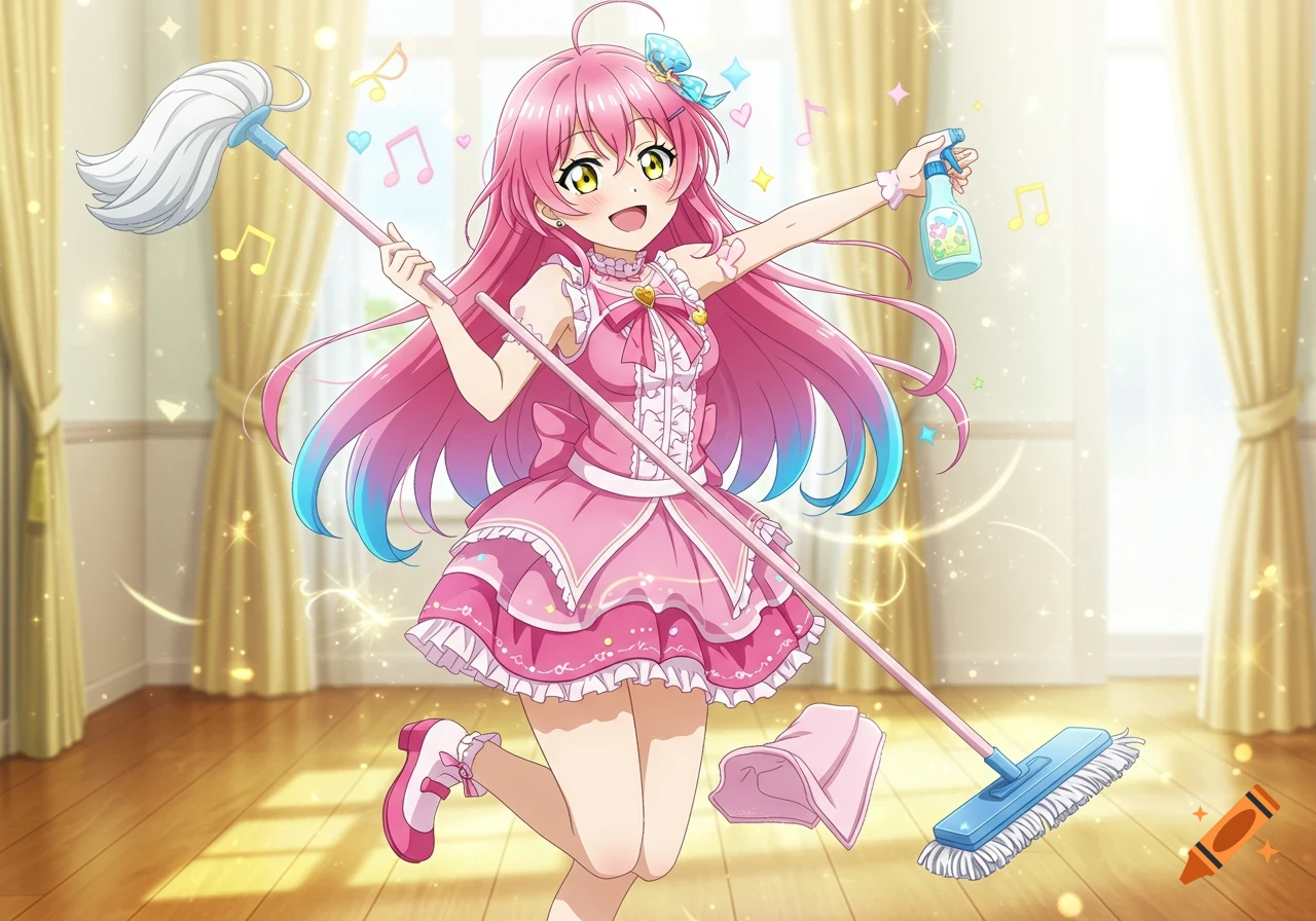 A smiling anime girl with long pink and blue hair, in a cute pink jpop idol outfit, holding a mop and spray bottle in a sunny room.