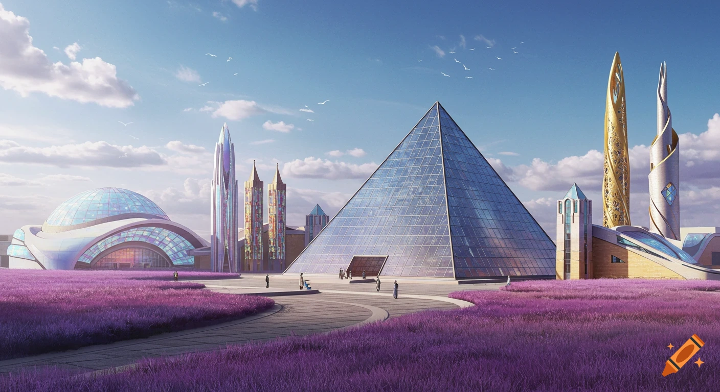 A futuristic city with a glass pyramid, domed amphitheater, towering spires, and a wide courtyard surrounded by vibrant purple grass.