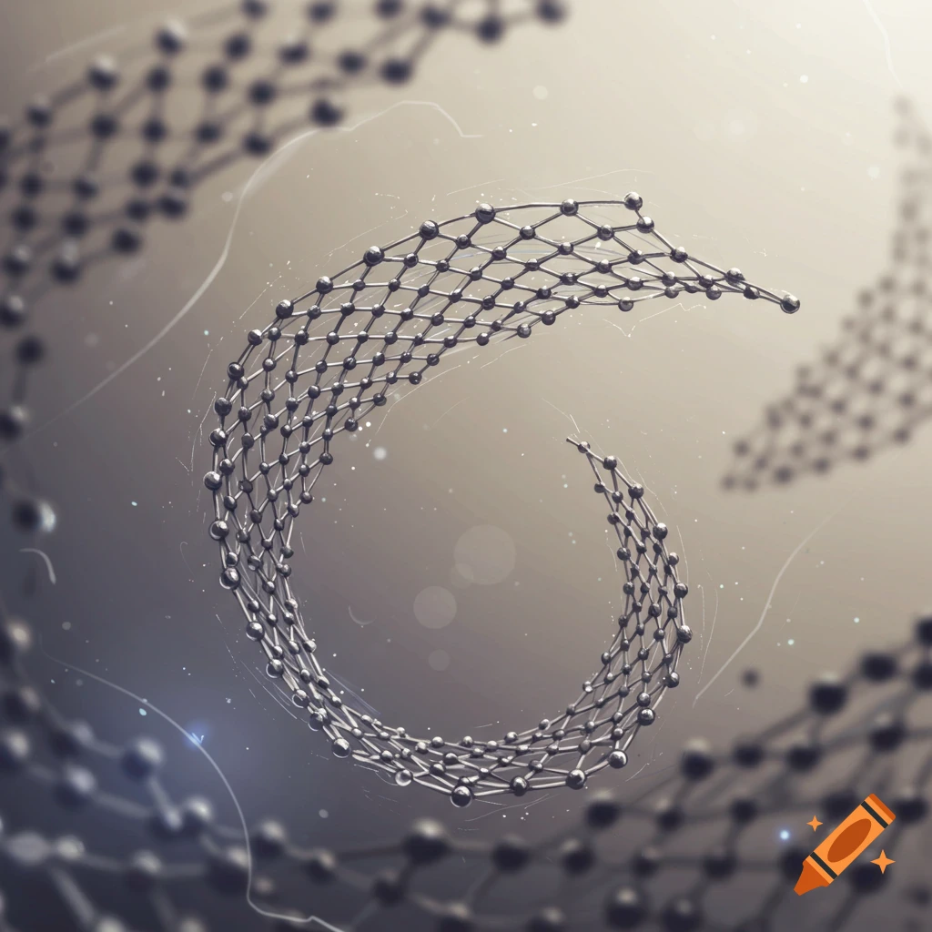 A close-up 3D render of a curved, twisted molecular lattice of graphene against a soft, light background.