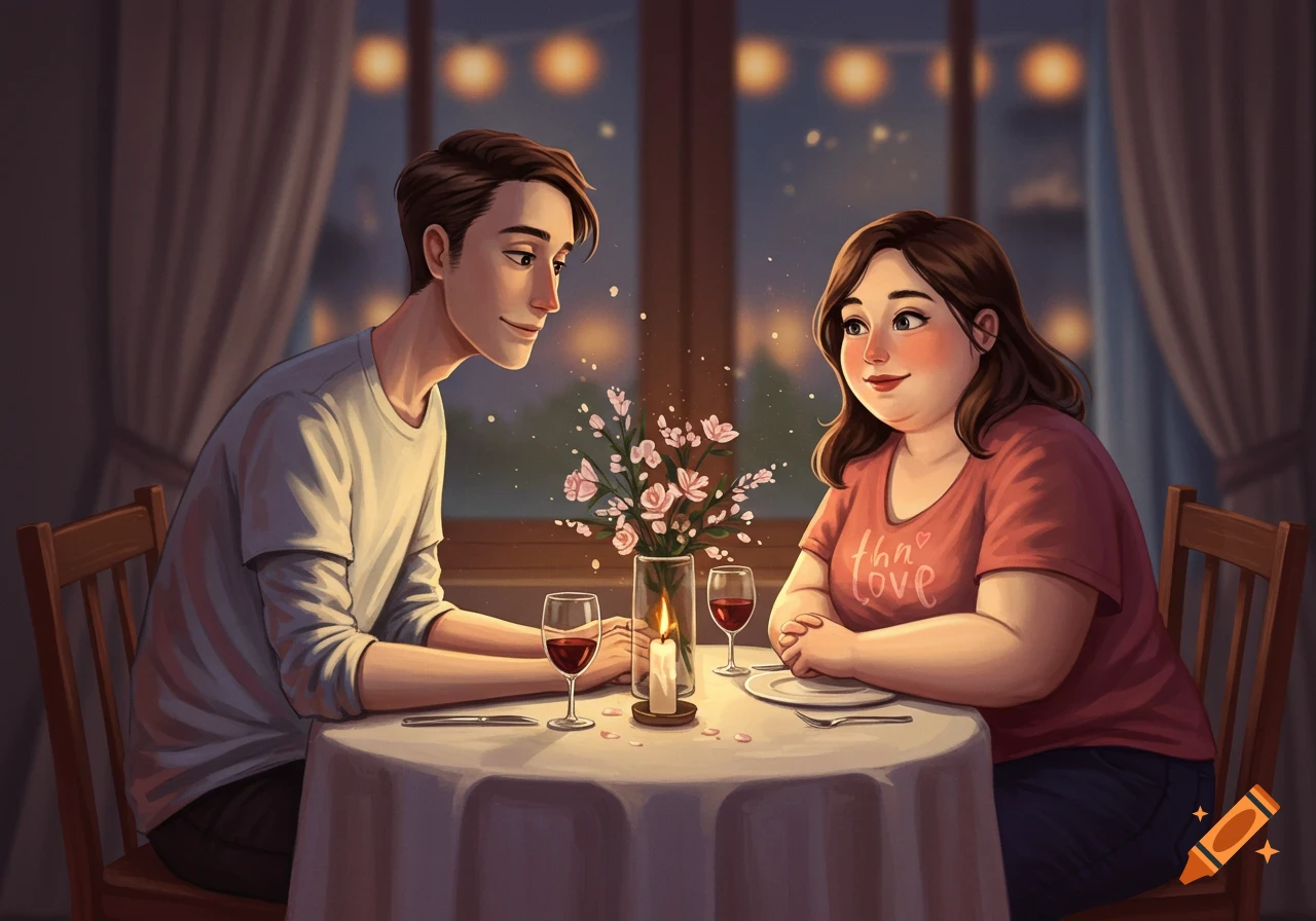 A slim man and a plus-size woman share a romantic candlelit dinner, smiling at each other in an illustrated style.