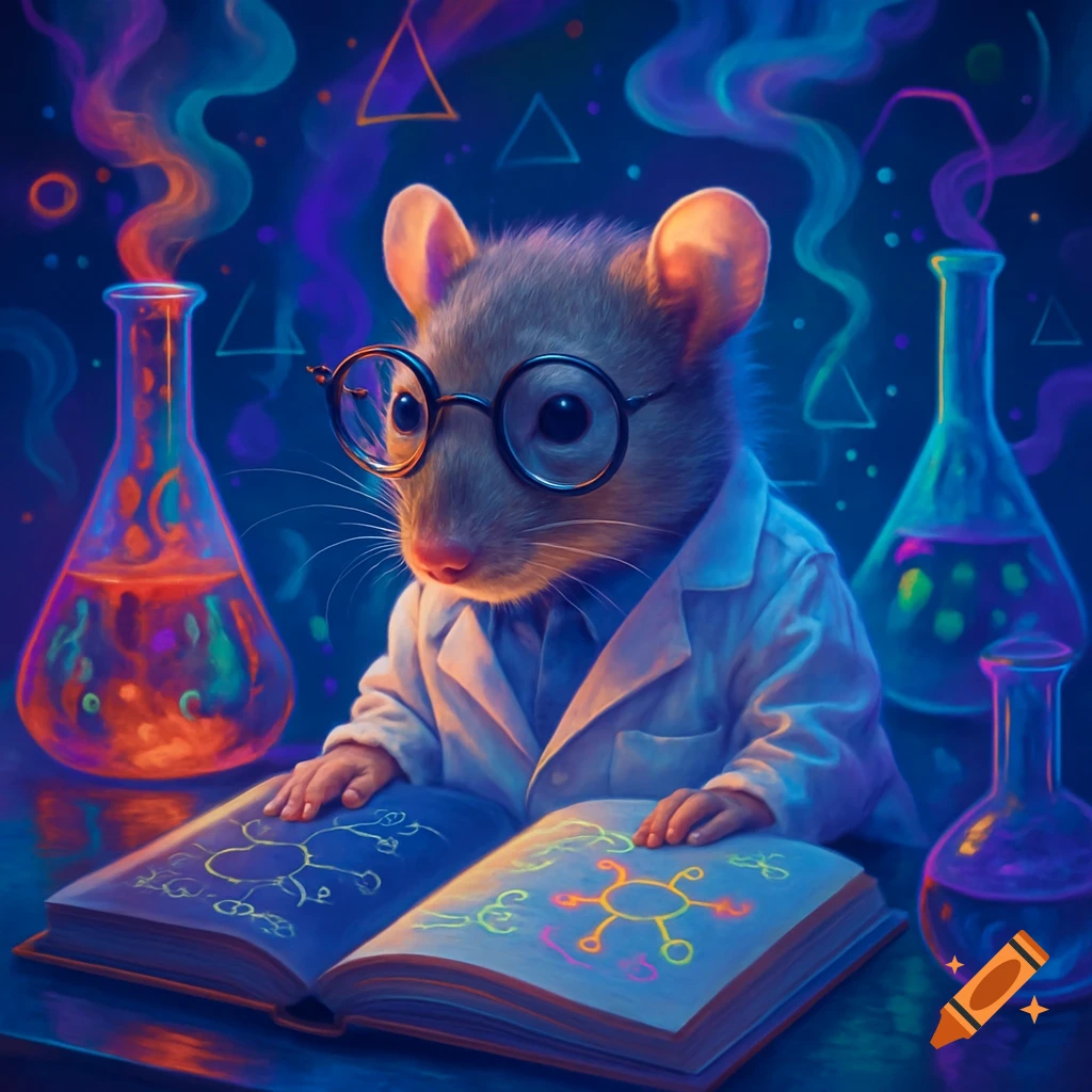 A nerdy rat wearing glasses and a lab coat intently reads an abstract chemistry book, surrounded by glowing beakers and tubes in a vibrant, colorful laboratory.