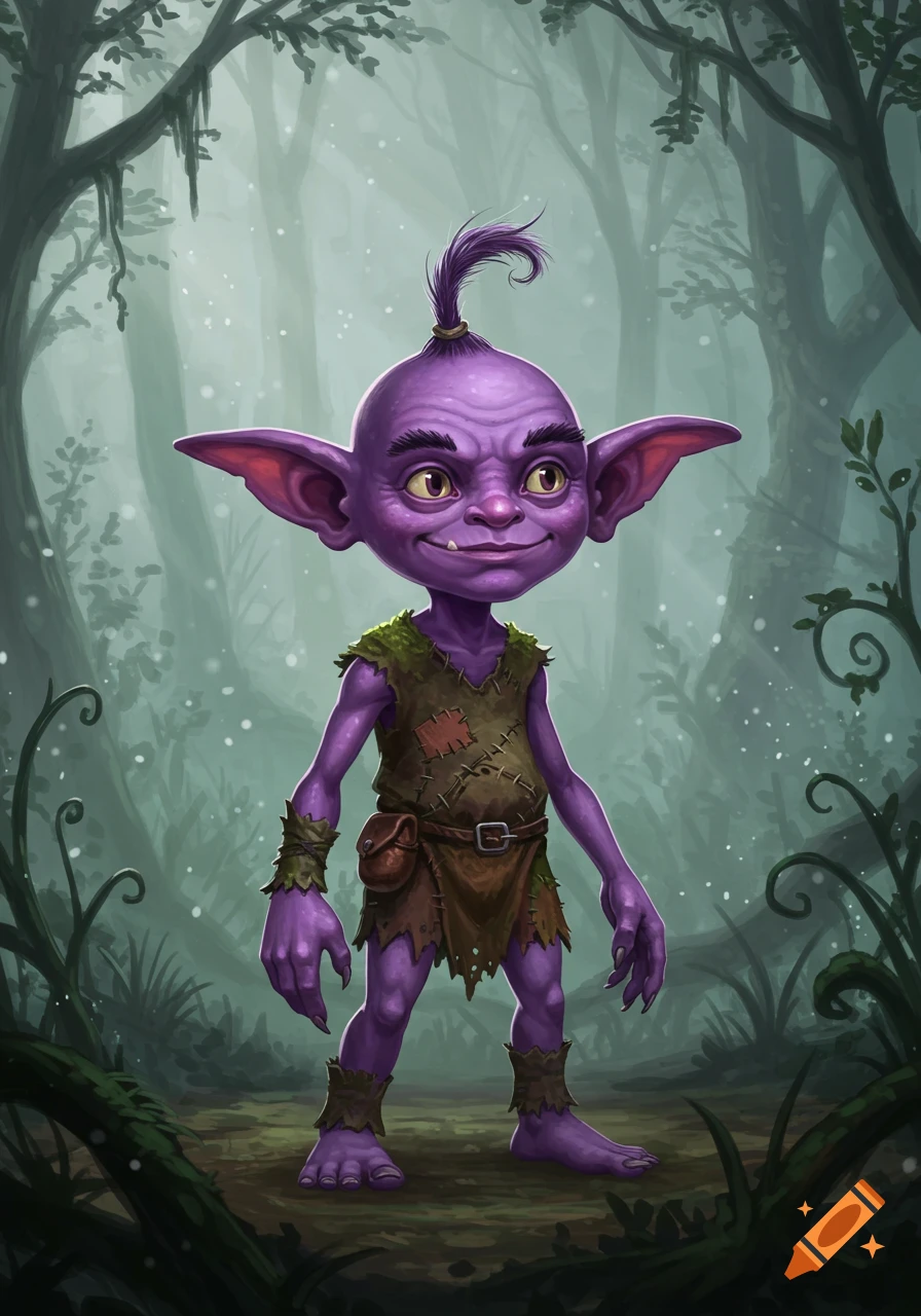 A smiling purple goblin with large ears and a single tuft of hair stands in a misty forest, wearing tattered clothes. Cartoon style.