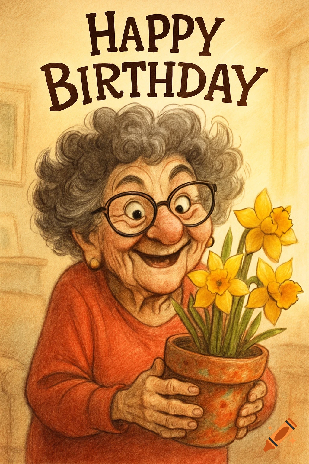 Cartoon illustration of a smiling elderly woman with curly grey hair and glasses holding a pot of yellow daffodils. 'HAPPY BIRTHDAY' is written above.