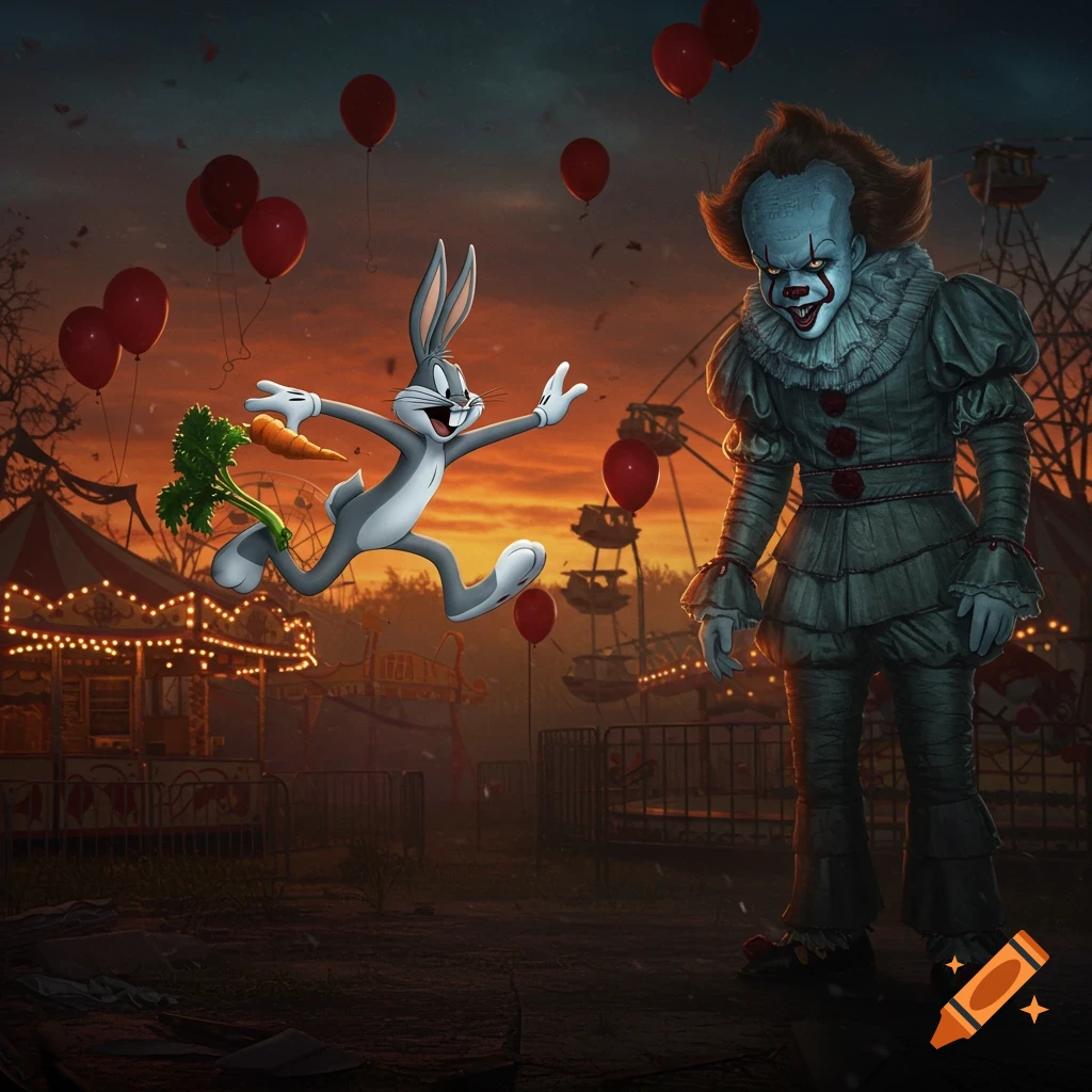 Bugs Bunny jumps with a carrot past Pennywise in a spooky, carnival-lit amusement park with red balloons, stylized.