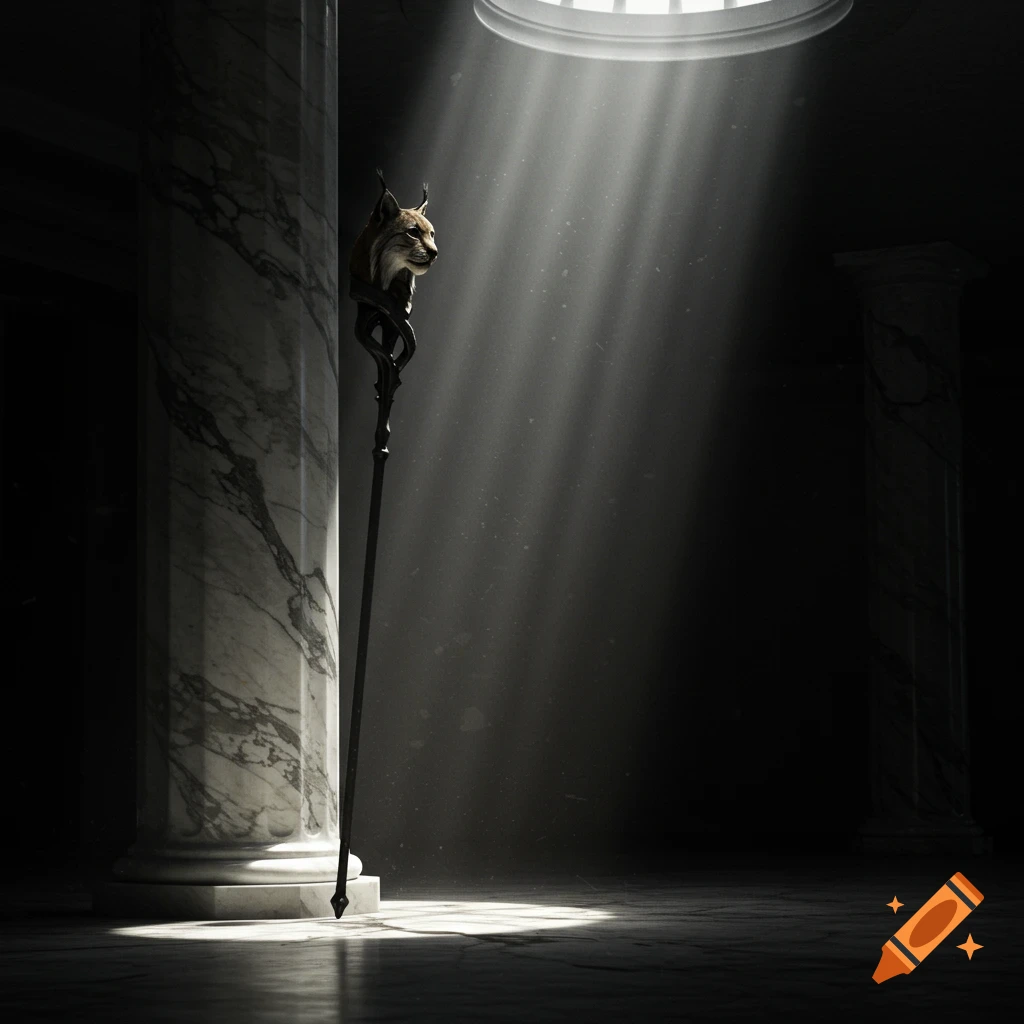 A black wizard staff with a lynx head carving leans against a marble pillar, illuminated by a shaft of light in a dark room.