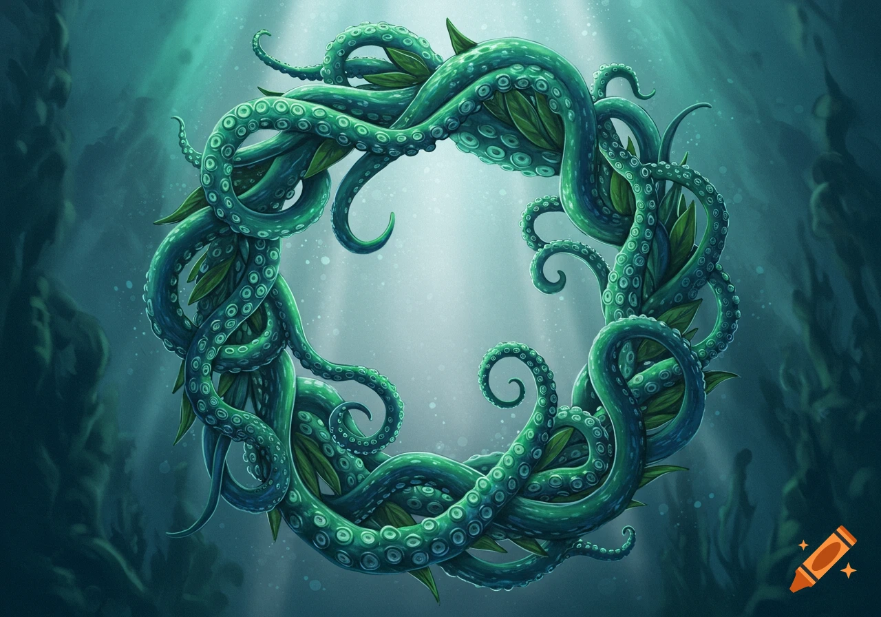 A stylized laurel wreath made of intertwined green tentacles and leaves, illuminated by light rays underwater.
