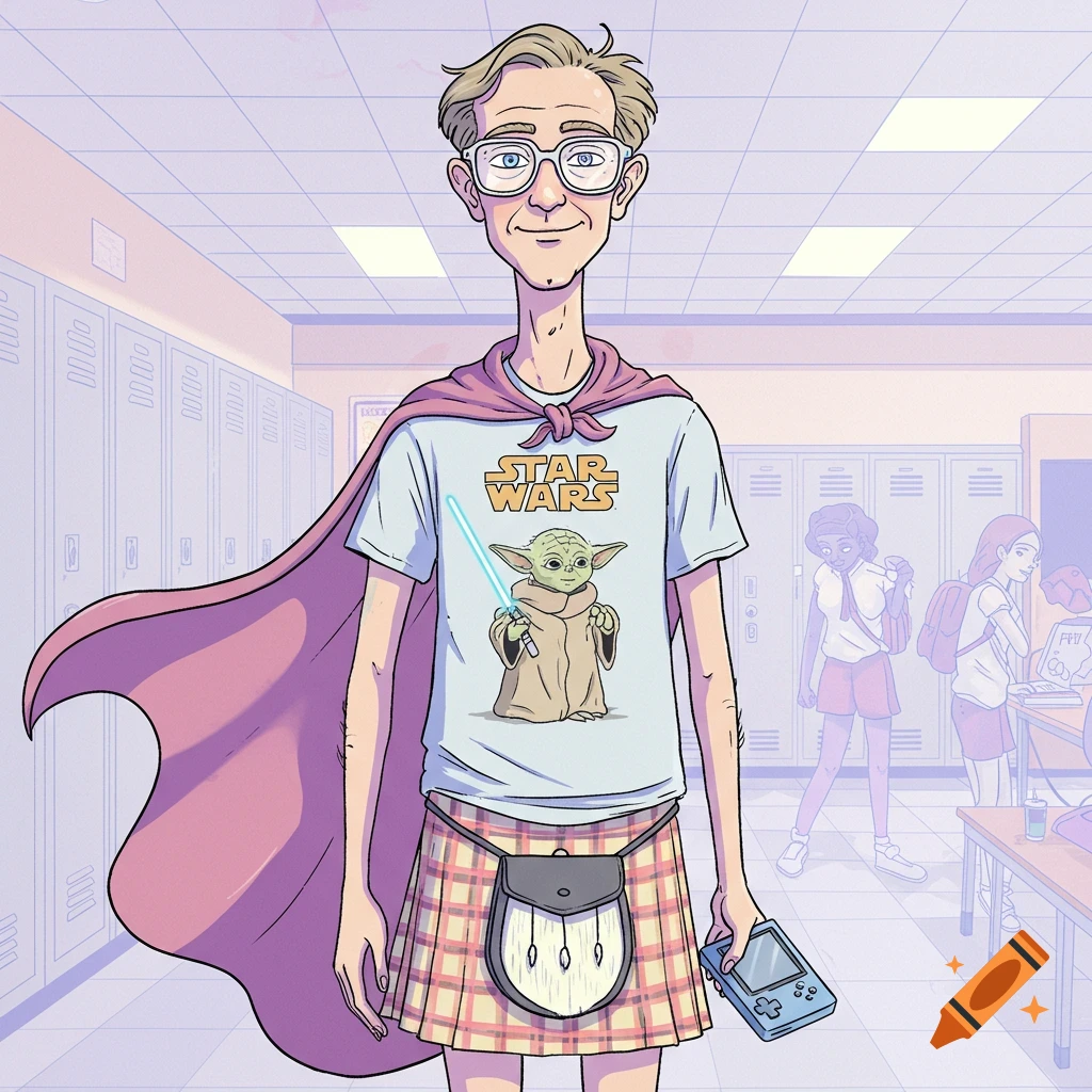 A cartoon illustration of a dorky, lanky guidance counselor in glasses, a cape, a Yoda Star Wars t-shirt, and a kilt, holding a Game Boy in a school hallway.