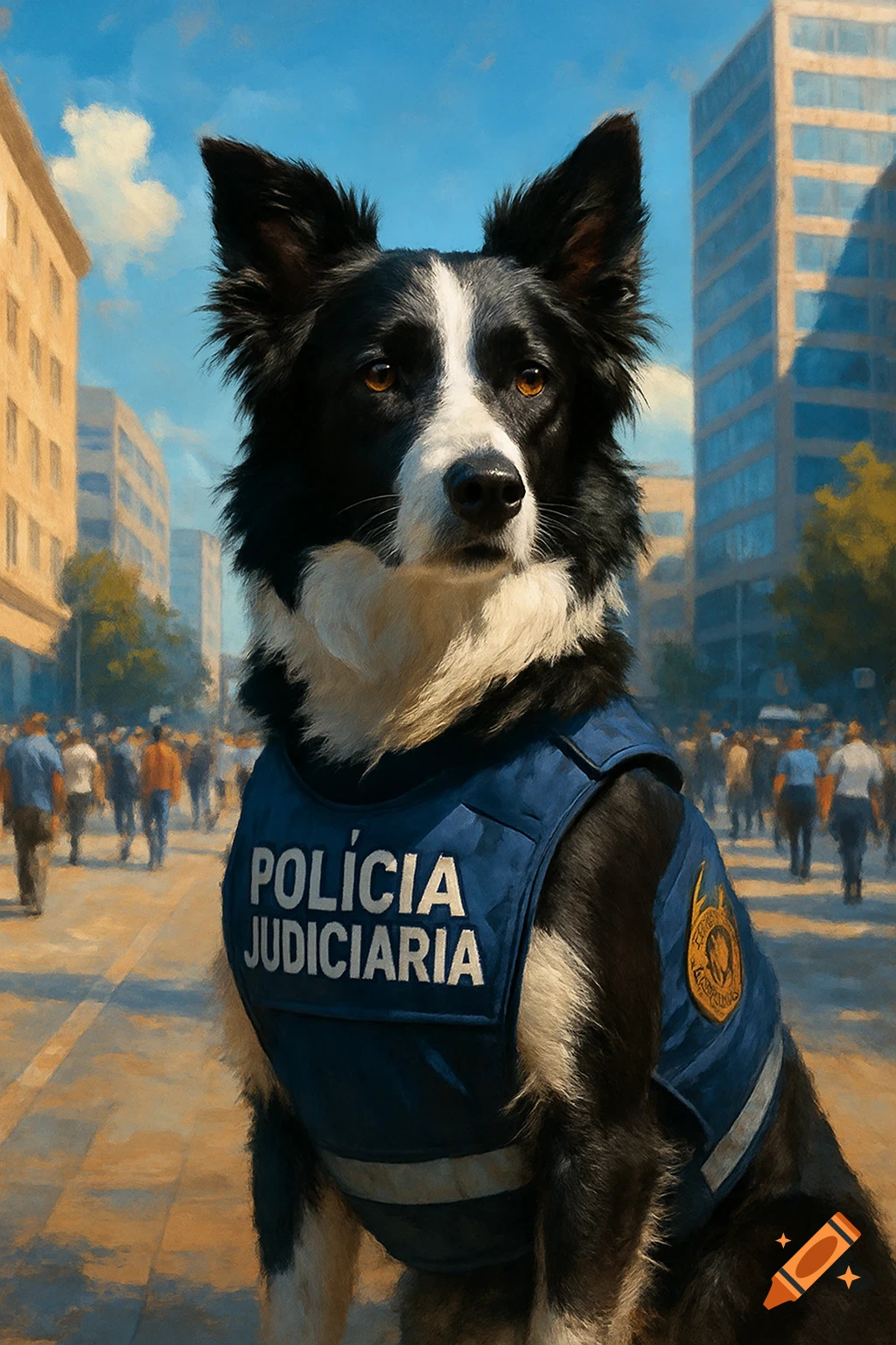 A black and white Border Collie wearing a blue police vest that says 'POLÍCIA JUDICIARIA', in a painted city scene.