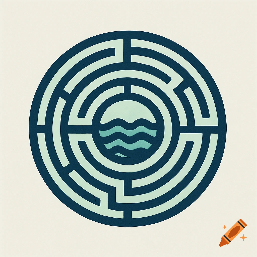 Bicolor circular labyrinth with a wave symbol in its center, designed as a clean logo.