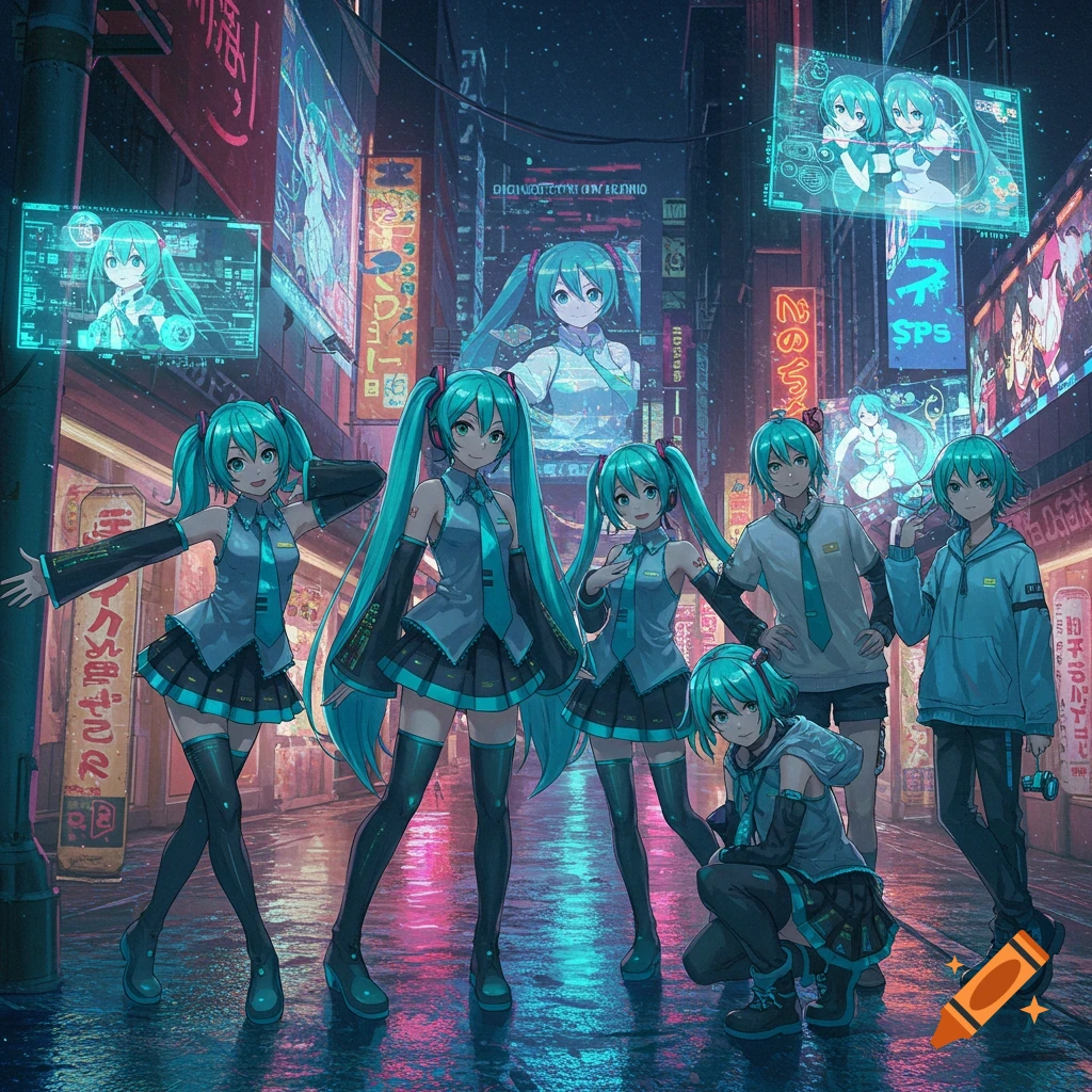Anime characters in Miku outfits stand in a neon-lit futuristic city street at night.