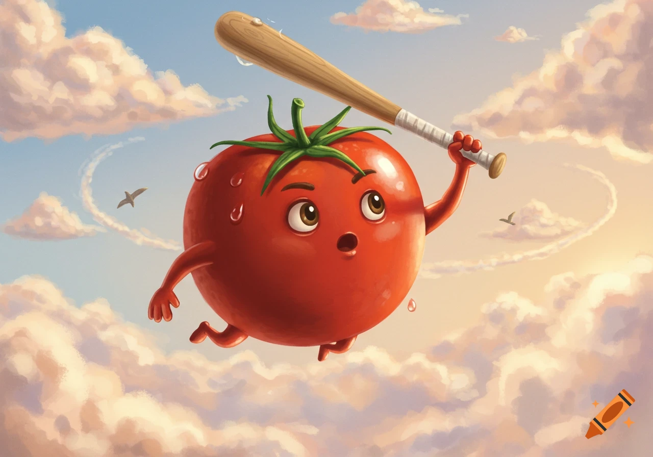 A cartoon tomato character, holding a baseball bat, flies through a cloudy sky with a surprised expression.