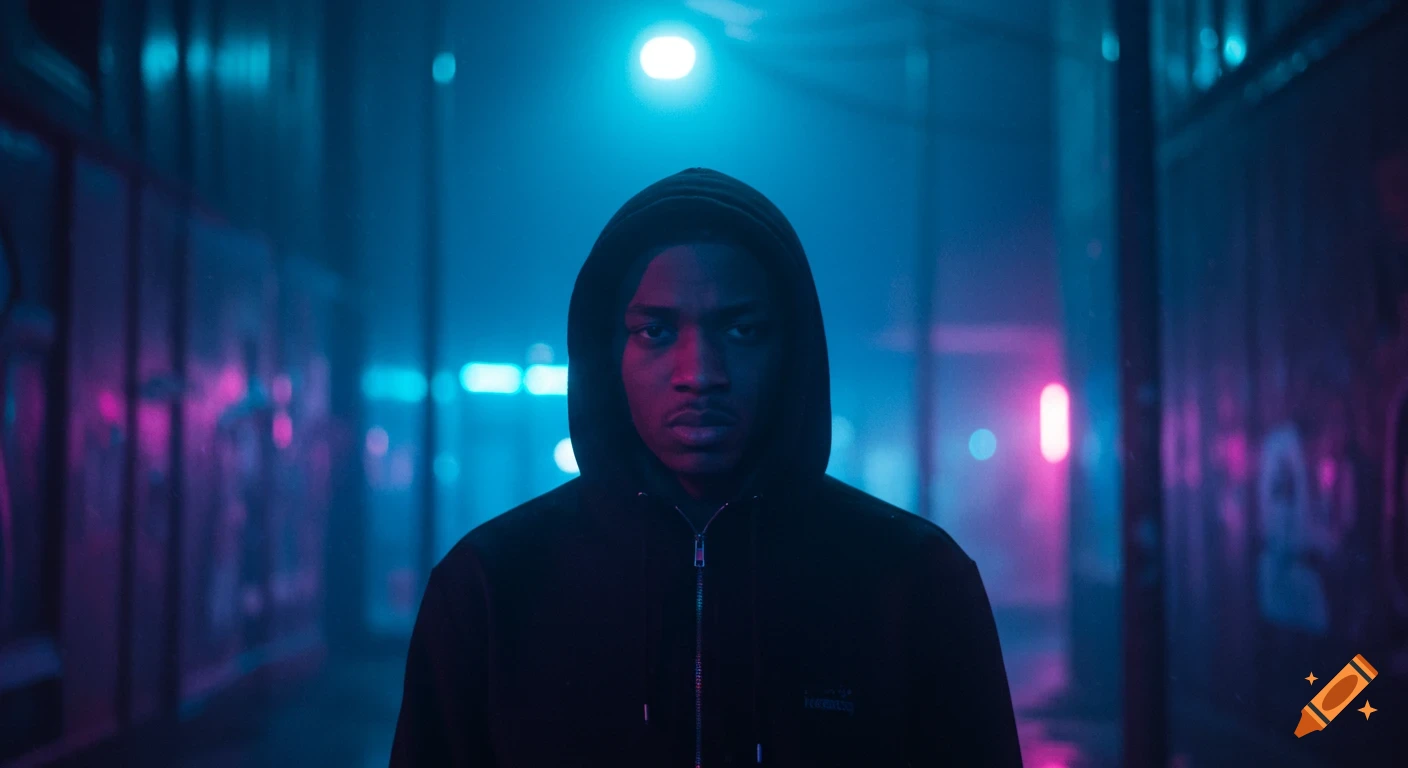 A moody young man in a black hoodie stands in a neon-lit urban alleyway, with graffiti walls reflecting blue and purple lights.