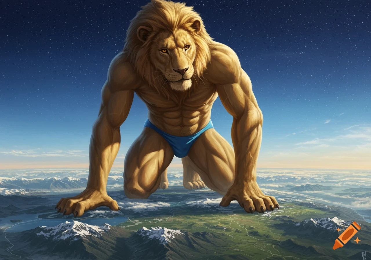 A gigantic, muscular, photorealistic anthropomorphic lion in a blue speedo kneels on the Earth, spanning land with mountains and water, under a starry sky.