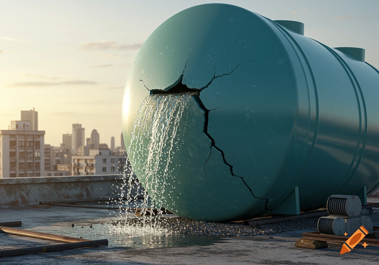 A large, cracked teal water storage tank leaks profusely on a city building rooftop at sunset.