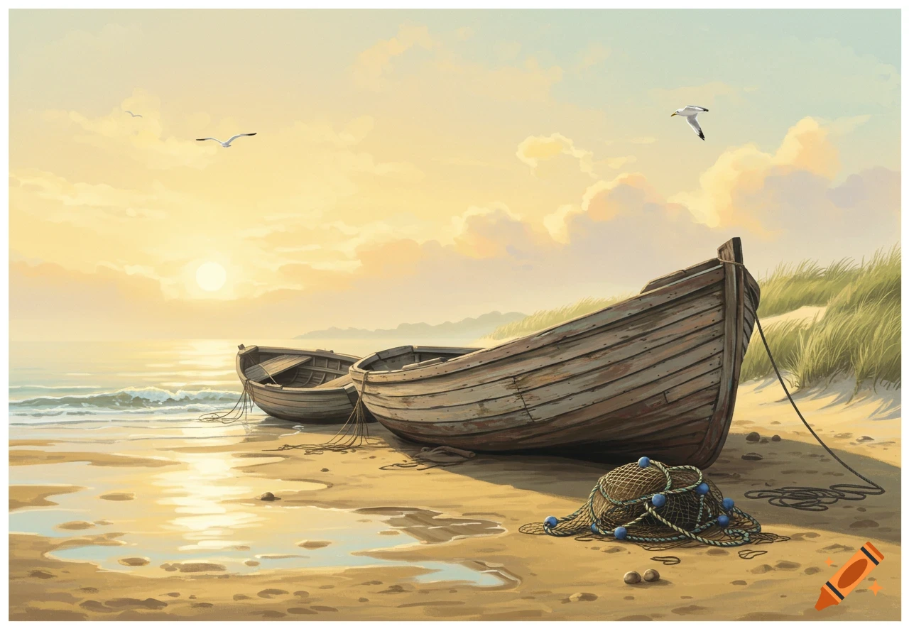 Two old wooden fishing boats rest on a sandy beach at sunrise, with a fishing net nearby and seagulls flying overhead, in a painted style.