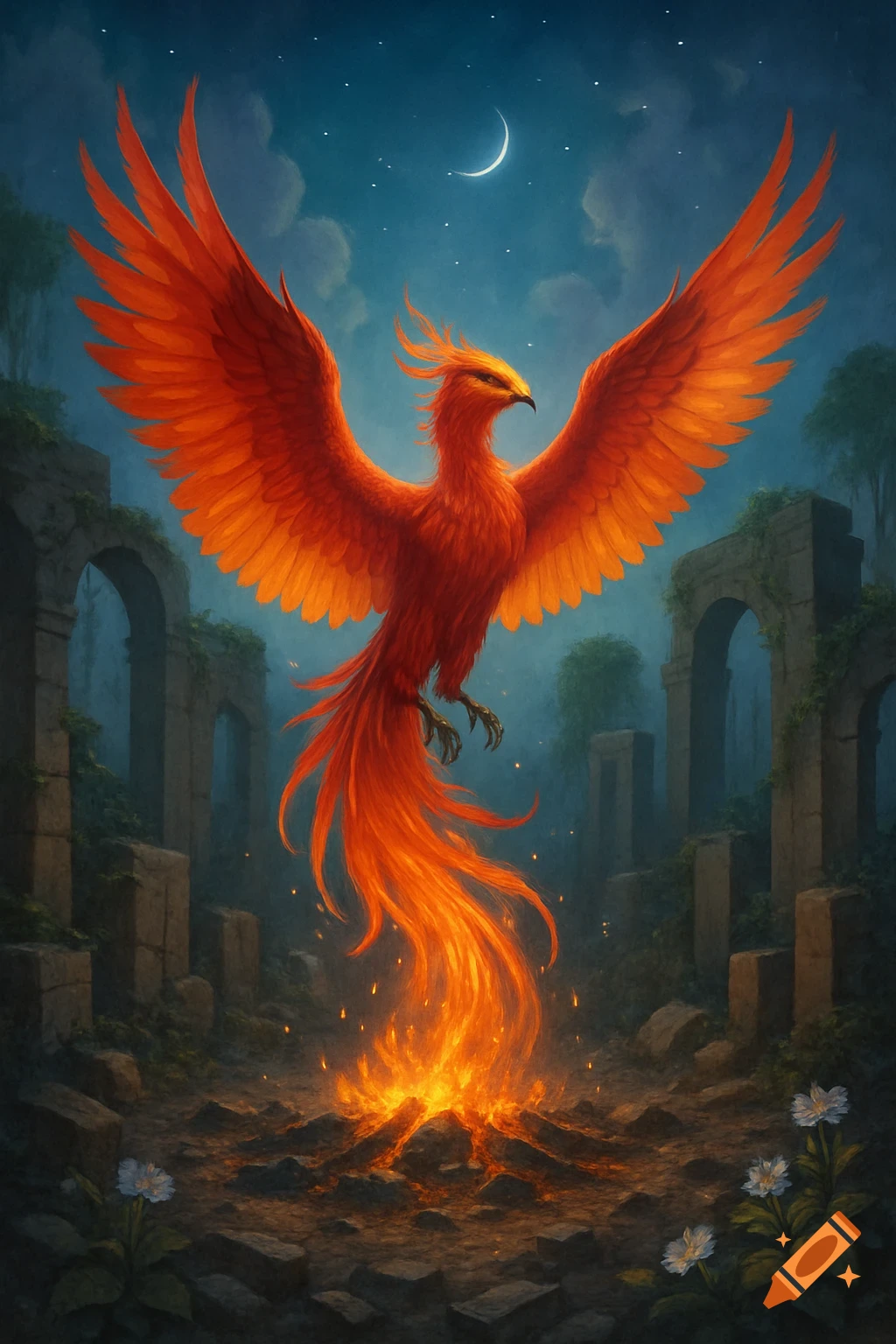 A vibrant red and orange phoenix with widespread wings rises from burning embers in a moonlit sky above ancient ruins.