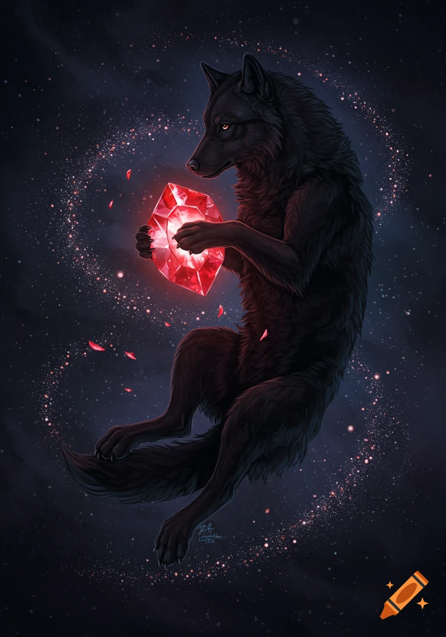 A black wolf with glowing red eyes floats in a starry night sky, holding a bright red faceted ruby in its paws.