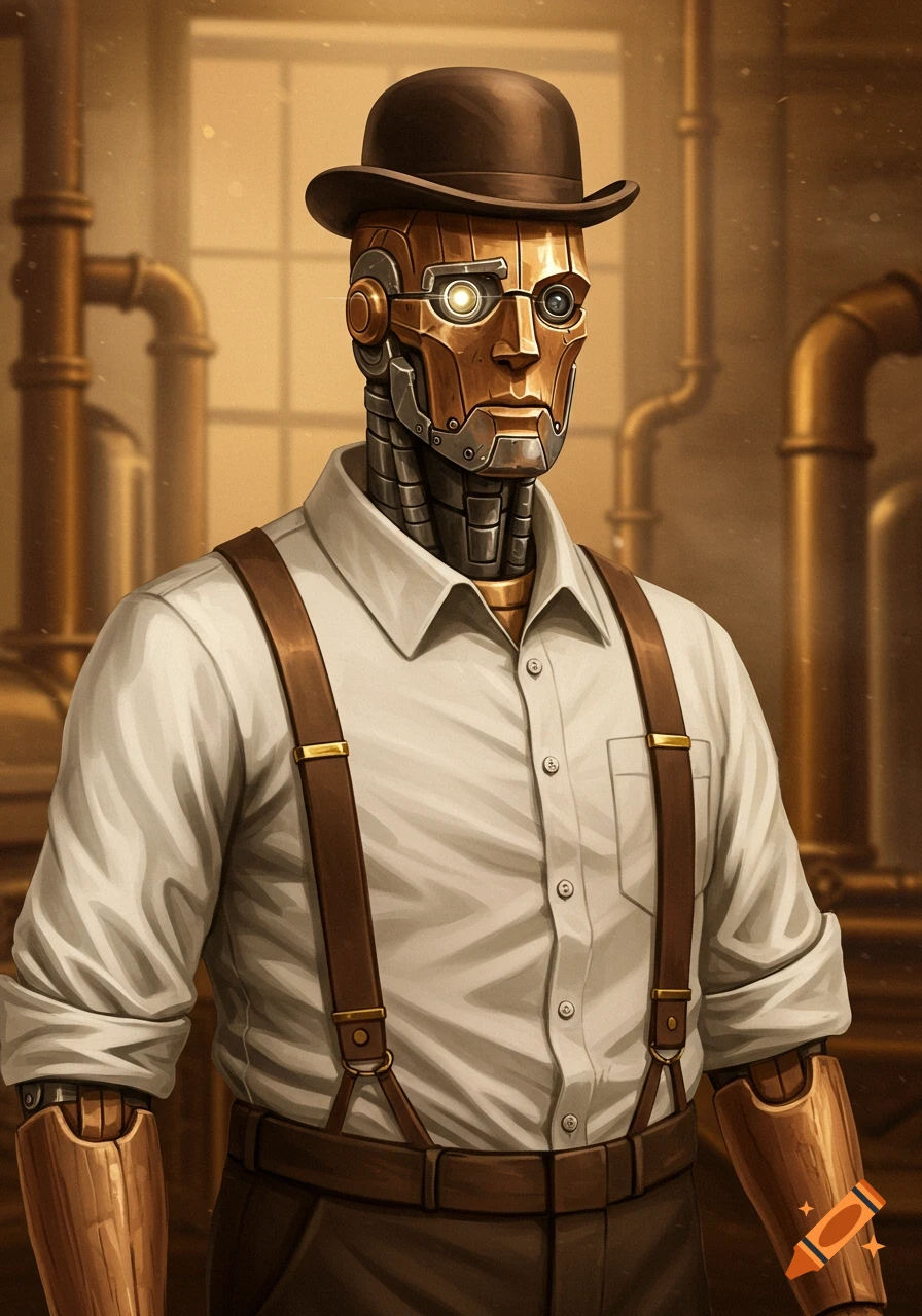 A detailed steampunk robot made of bronze and wood, wearing a bowler hat, white shirt, and suspenders, against an industrial background.