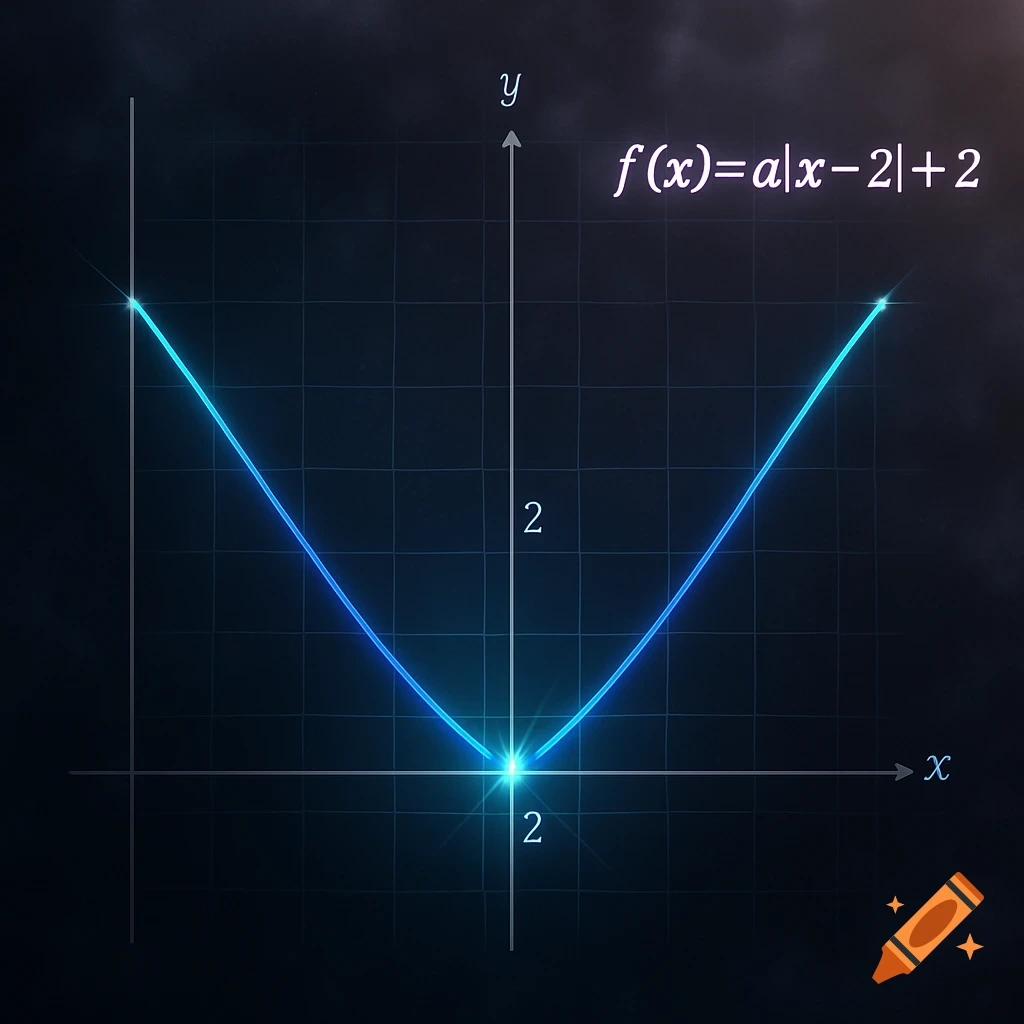 A glowing blue graph of the absolute value function f(x)=a|x-2|+2 on a dark grid with x and y axes, labeled 2.