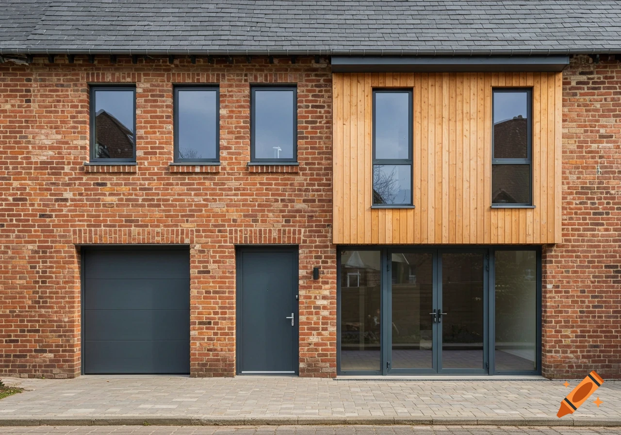 Photorealistic shot of a modern renovation on a red brick house with wood cladding and anthracite windows.
