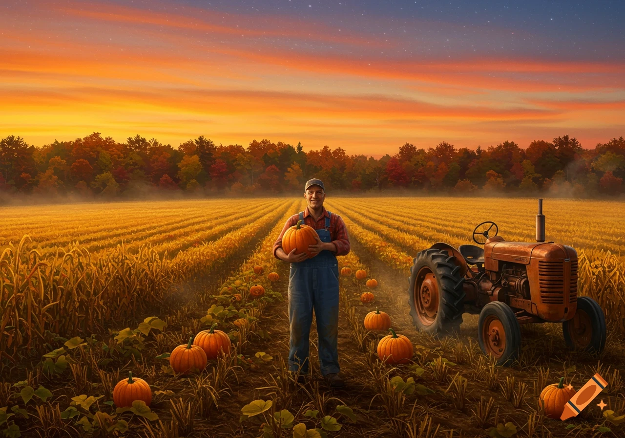 A smiling farmer holds a large pumpkin in a golden harvest field at sunset, with a vintage tractor and autumn trees.