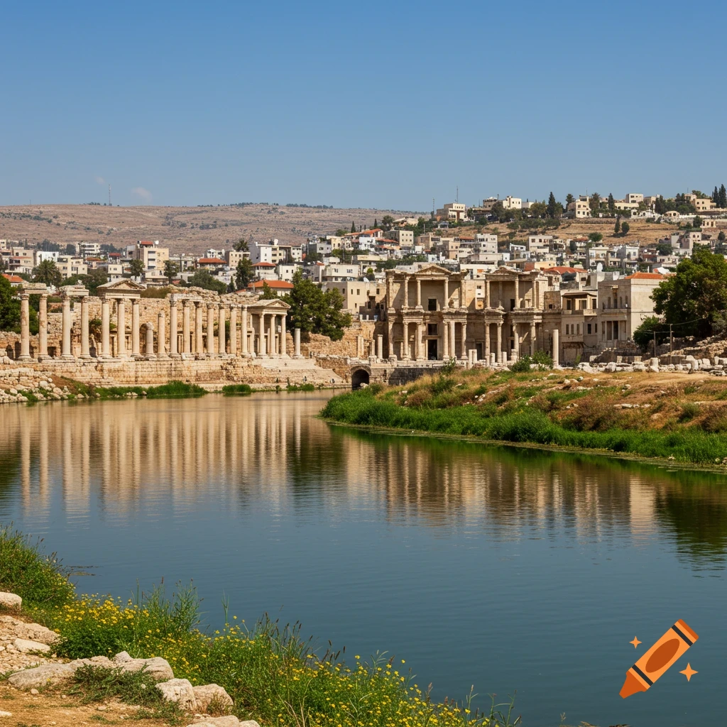 Ancient Greek ruins with columns stand by a tranquil river, reflecting the clear blue sky, with a town visible on a distant hill.