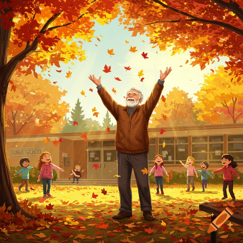 A happy old man with children plays in a yard filled with falling autumn leaves in front of a school.
