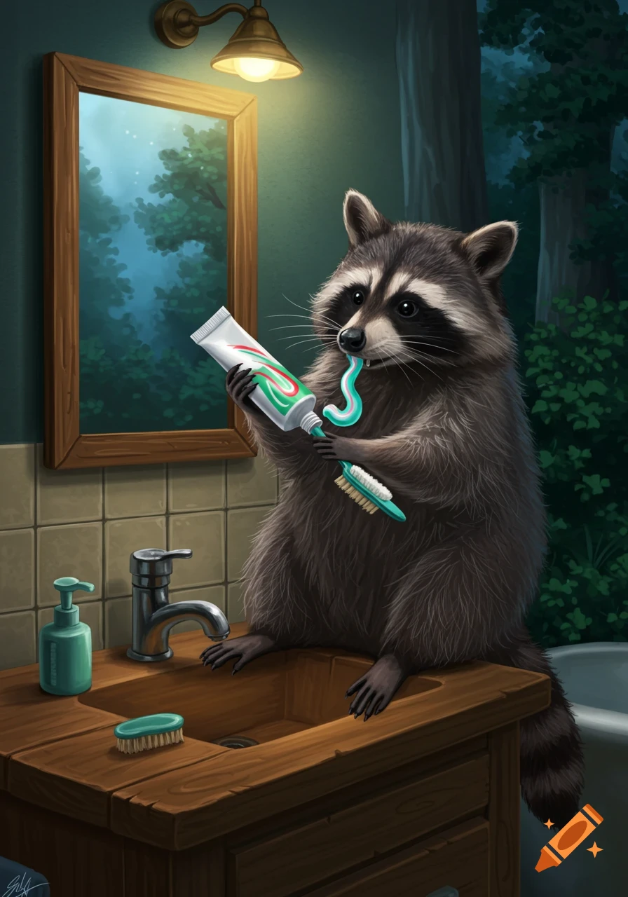 An illustrated raccoon sits on a bathroom counter, holding a tube of  toothpaste and a toothbrush, squirting toothpaste into its mouth. on Craiyon, image size:896x1280