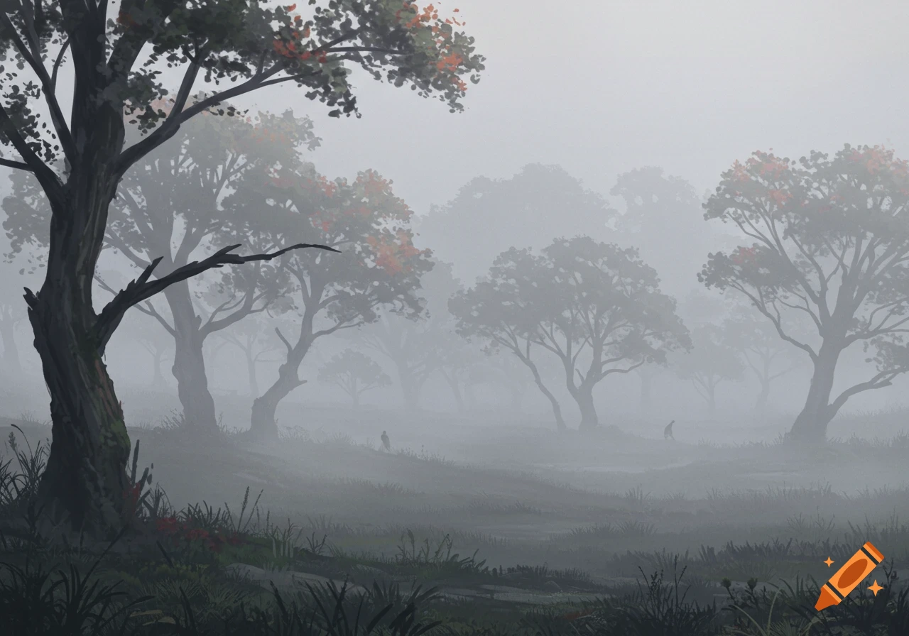 A digitally painted foggy forest with silhouetted trees and faint figures in the distance.