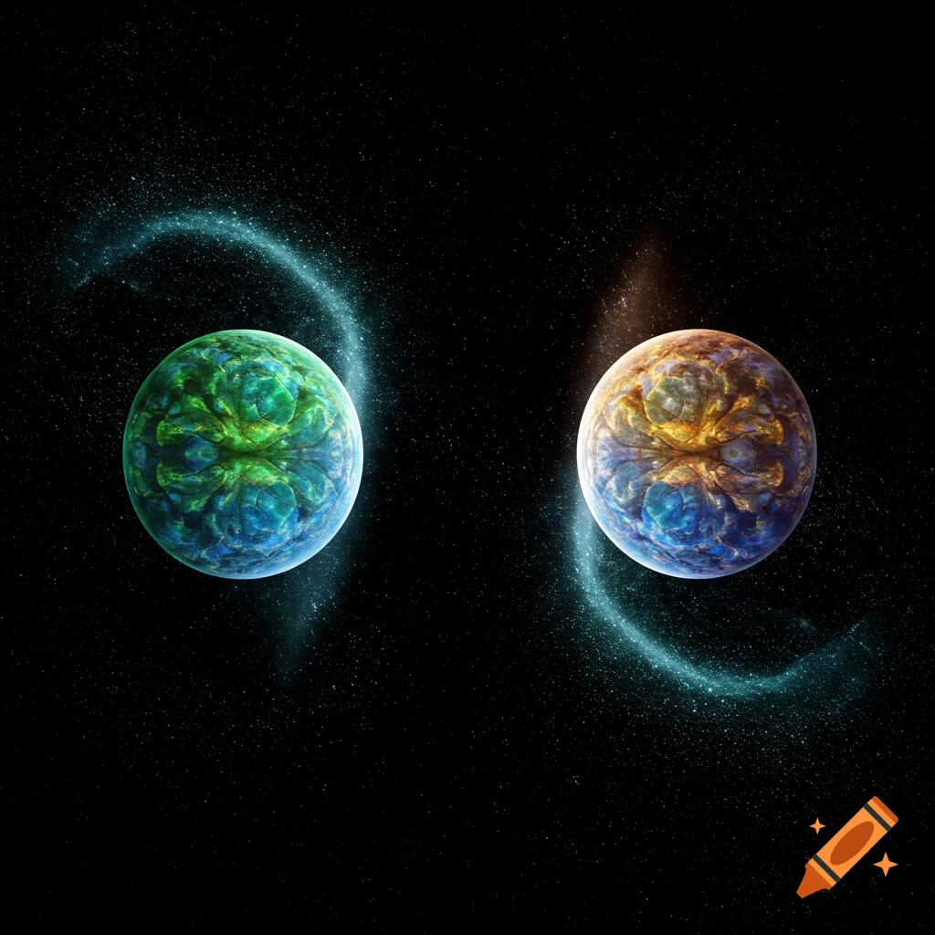 Two abstract, textured spheres, one green-blue and one gold-orange, swirl with stardust against a black cosmic background.