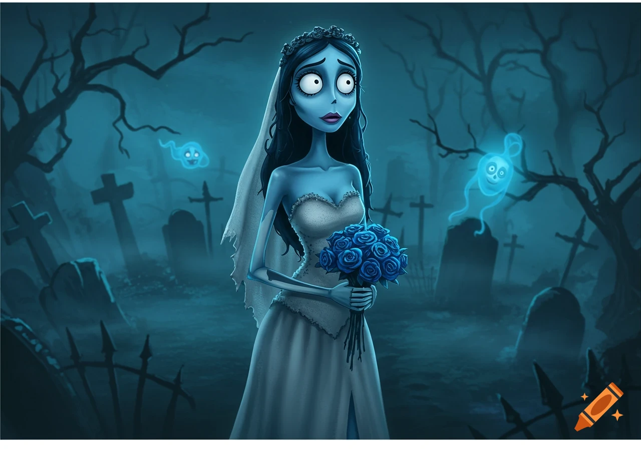A blue-skinned zombie bride with black hair and a white wedding dress holds a bouquet of blue roses in a gloomy graveyard with glowing blue ghosts, in Tim Burton's style.