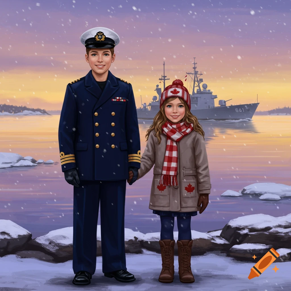 Illustration of a boy in a naval uniform and a girl in winter gear with maple leaves, holding hands in a snowy landscape with a ship at sunset.
