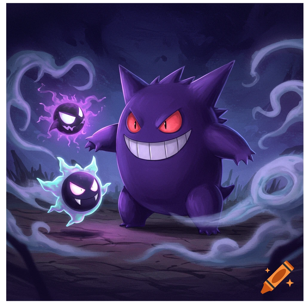 An illustration of a large purple Gengar with red eyes and a wide grin, surrounded by smoke, with two smaller dark purple ghost Pokémon, one glowing purple and one glowing teal.