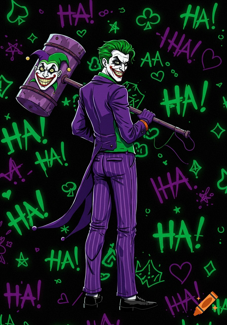 A cartoon illustration of The Joker in a purple suit, holding a mallet, against a black background with neon green and purple 'HA!' graffiti and card symbols.
